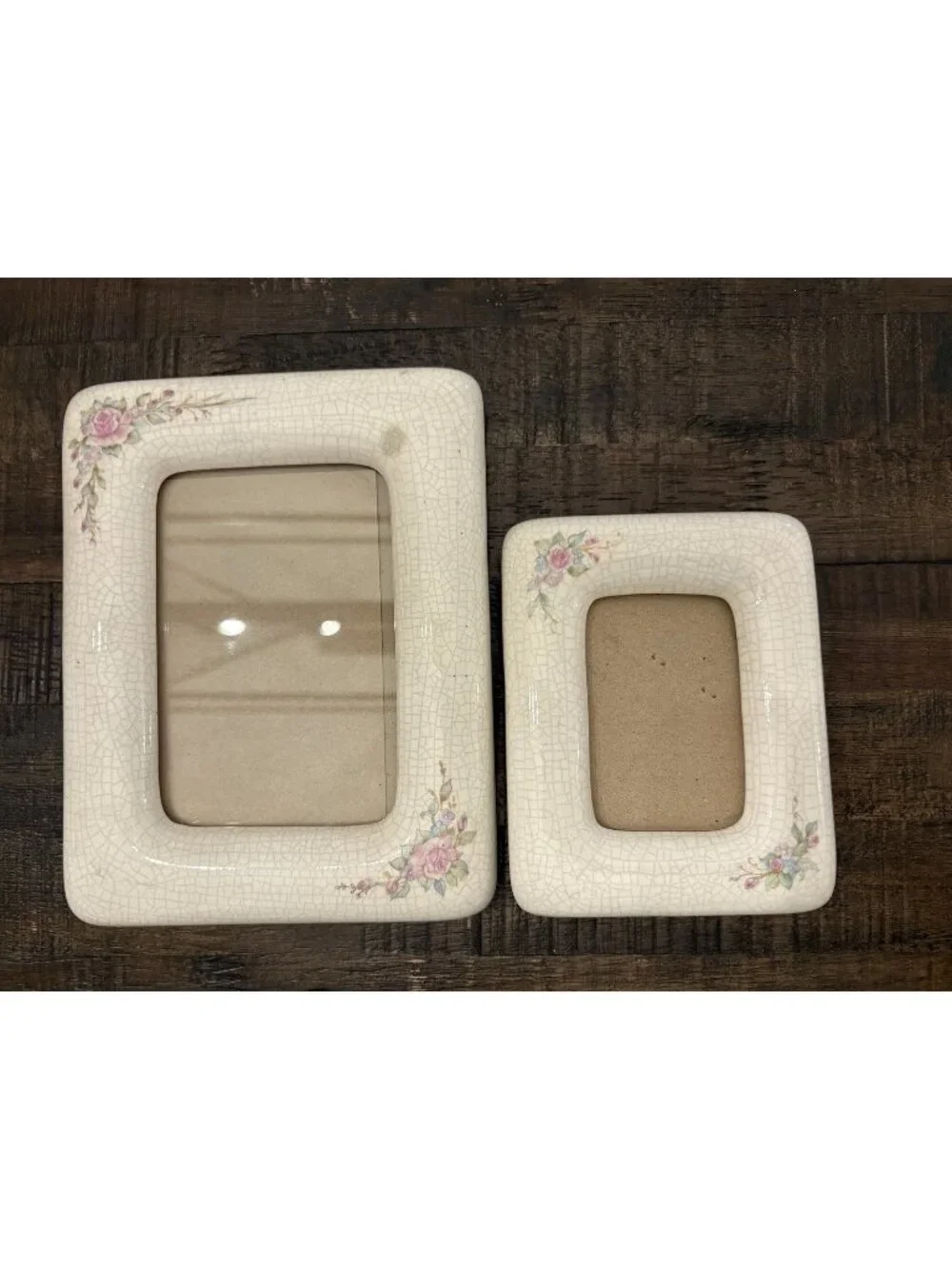 Vintage Pair Ceramic Photo Frames  Floral Crackle Glaze Cottage Chic